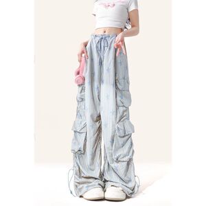 自然涩多巴胺穿搭美式星星工装裤女夏季辣妹高腰宽松直筒阔腿裤子