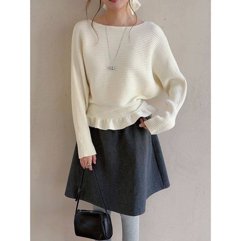 【歌铭】设计感木耳花边蝙蝠袖针织衫女装冬季新款圆领上衣J950C