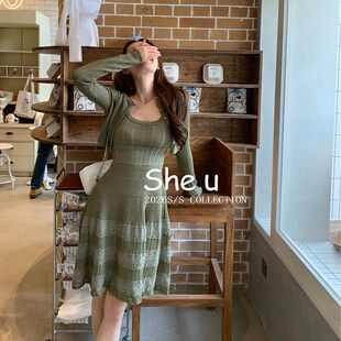 SHE U十三行法式复古风肌理感Z字连衣裙+开衫2026春百搭显瘦套装