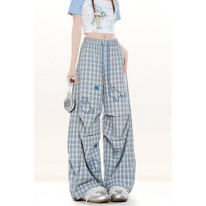 休闲阔腿裤女士自然涩韩系格纹