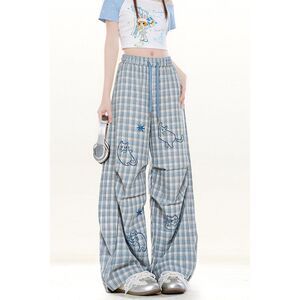 休闲阔腿裤女士自然涩韩系格纹