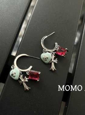 336新款小众设计十字架蓝色釉面爱心立体复古红锆时尚耳环