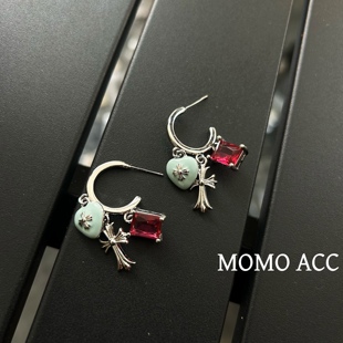 336新款 耳环 小众设计十字架蓝色釉面爱心立体复古红锆时尚