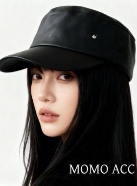 381日系复古黑贝雷帽气质英伦百搭显脸小皮质酷飒秋冬时尚八角帽