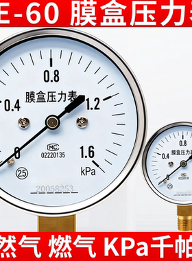 膜盒压力表kpa天然气燃气管道千帕微压表仪表YE60/100可订不锈钢