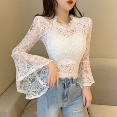 Real shot ~ three dimensional hollow lace heart machine sexy trumpet sleeve zipper short top for women