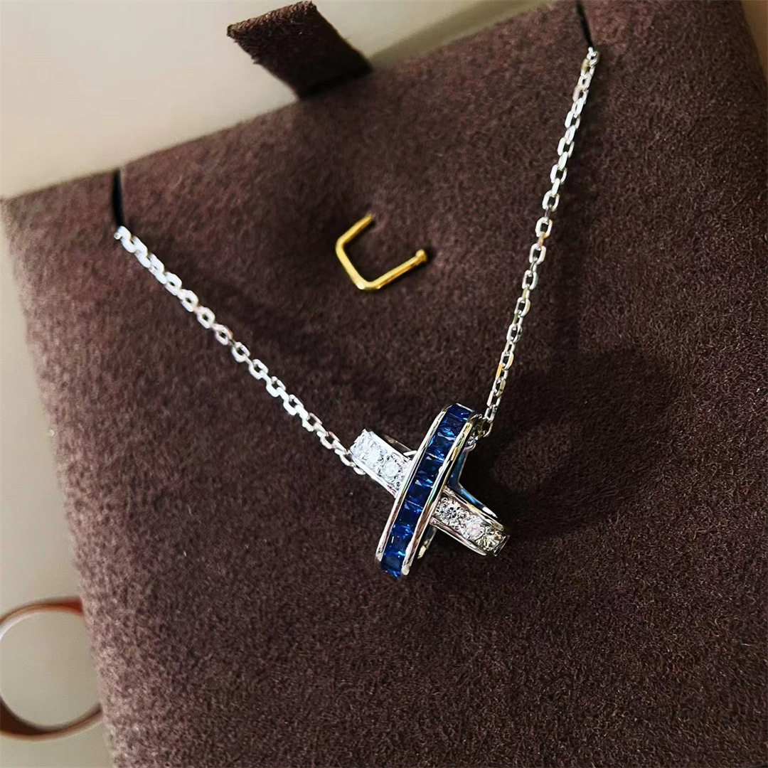 交叉欢缘半蓝钻立体项链纯银女吊坠轻奢小众高级设计感简约新款爆