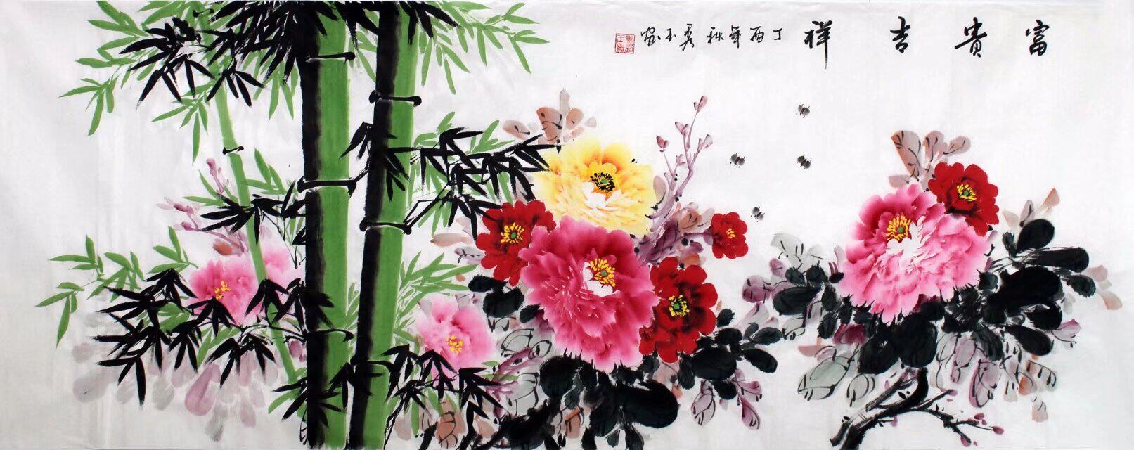 小六尺手绘牡丹花鸟图富贵吉祥国国画