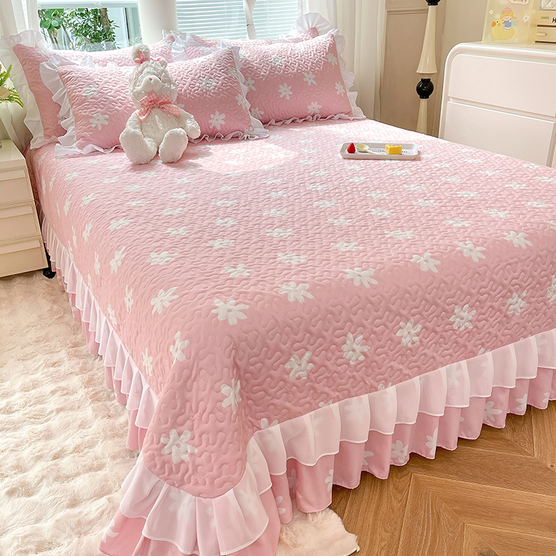 公主双层花边床上大床盖单件加棉绗缝床单三件套2024新款四季通用