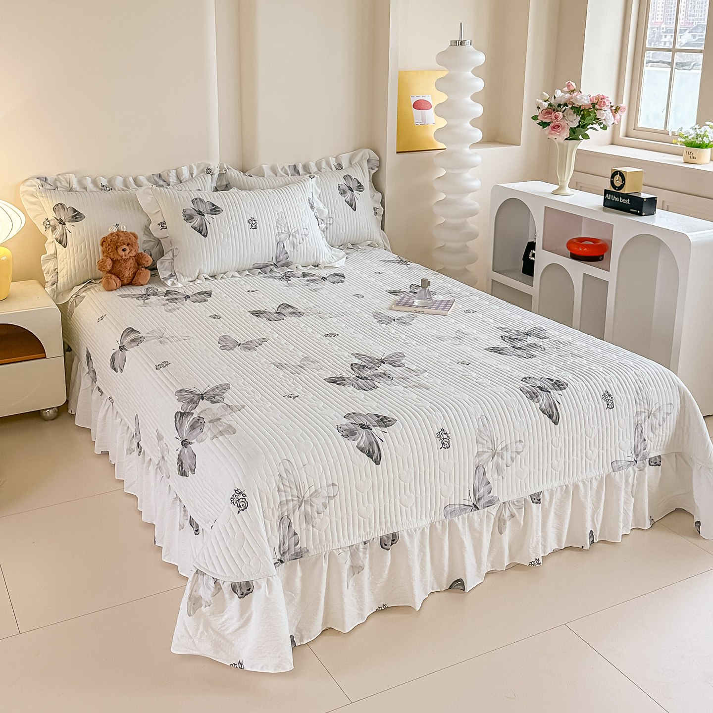 韩式床上单件床盖四件套夹棉绗缝厚床单花边被套2026新款四季通用