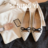 风温柔气质大码 咖色尖头波点蝴蝶结粗跟一字扣单鞋 日系百搭仙女鞋