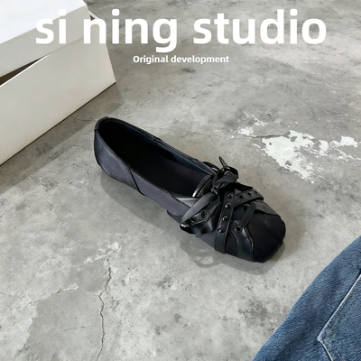 绸缎铆钉圆头玛丽珍鞋女平底单鞋