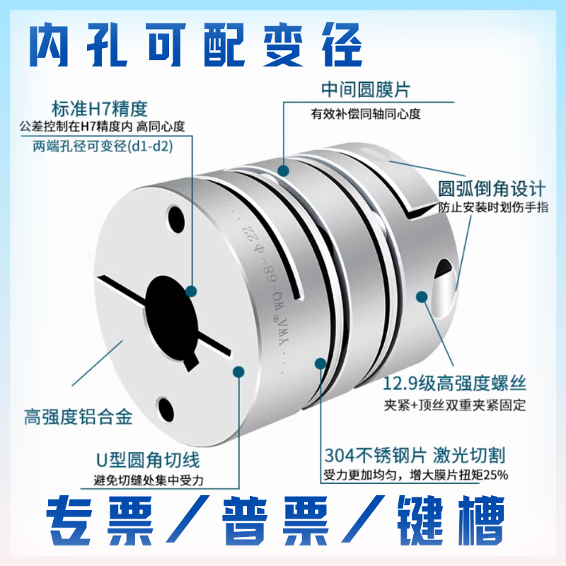 铝合金单双膜片联轴器弹性夹紧伺服编码器丝杆键槽电机变径连轴器 - 实物图