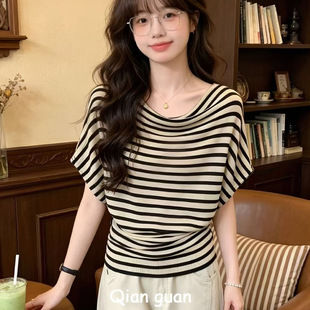 条纹t恤女2026新款小众别致蝙蝠袖上衣短袖女针织衫