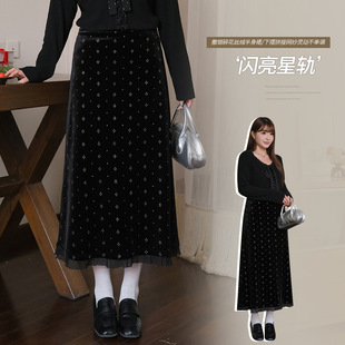 高腰丝绒碎花A字加绒半身裙女胖mm大码女装加厚遮肉显瘦裙子66116