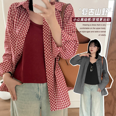 MJ537美式复古大码红色格子长袖衬衫女 2025秋季韩版百搭宽松背心
