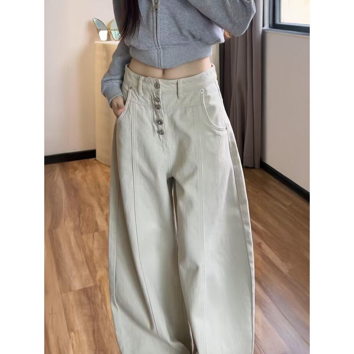 设计感单排扣阔腿弯刀牛仔裤男女款潮牌灰白色高腰宽松休闲阔腿裤