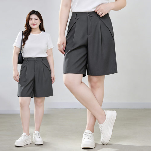 大码灰色西装短裤女夏季高腰a字休闲中裤胖m设计感黑色直筒五分裤