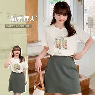 宽松圆领显瘦t上衣62581 女装 奶甜郁金香印花正肩短袖 T恤胖mm大码