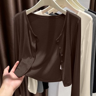 大码 美拉德咖啡色早秋罗纹短外搭200斤3555 胖mm巨显瘦针织开衫