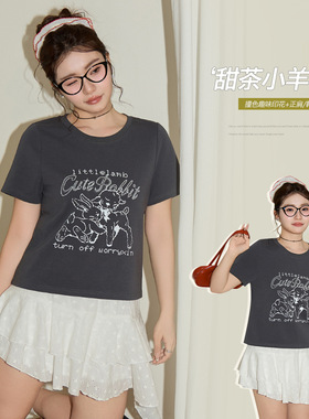 夏季新款童趣印花百搭圆领上衣胖mm大码女装宽松显瘦短袖T恤63967