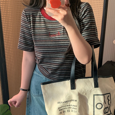 双天2026年春季新款气质大码女装上衣撞色条纹字母T恤短袖女9259