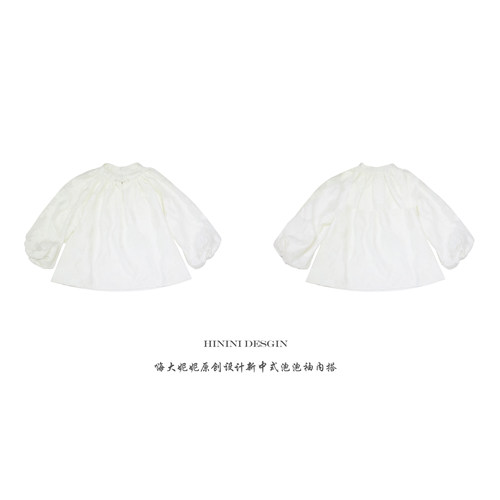 HININI原创设计2025春新中式儿童定制一字扣公主泡泡袖上衣