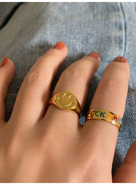 GJ 正能量Smile笑脸戒指女ins博主同款简约个性光面指环保色钛钢