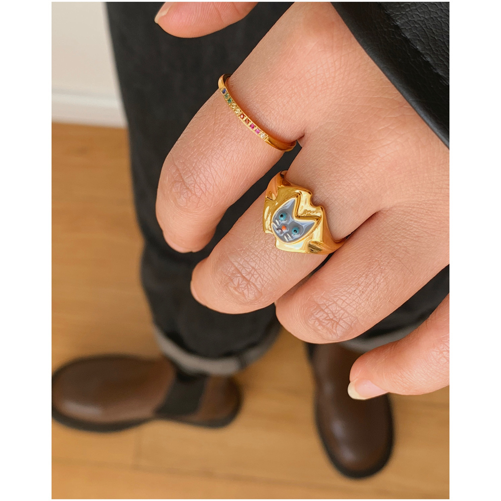 小众呆萌小猫咪渐变彩虹色戒指
