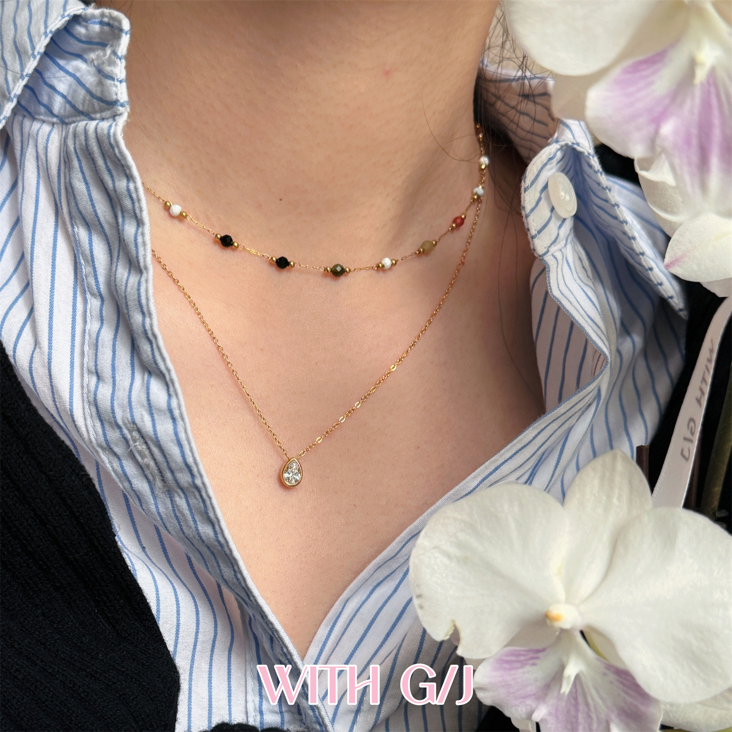 日系叠戴彩色天然石梨形闪钻项链