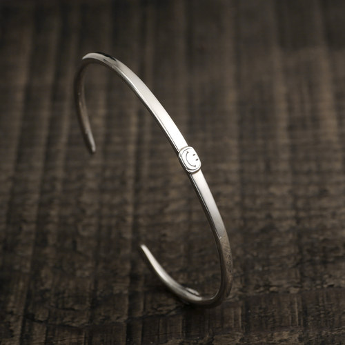 三沐BWL amp japan Hammerd bangle925纯银手工手打笑脸情侣手镯