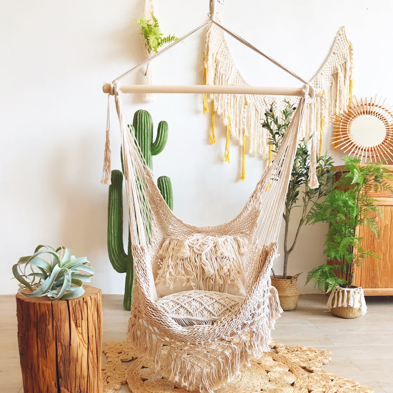 手工编织民宿软装 ins欧美风户外休闲流苏棉绳便携布艺吊椅秋千