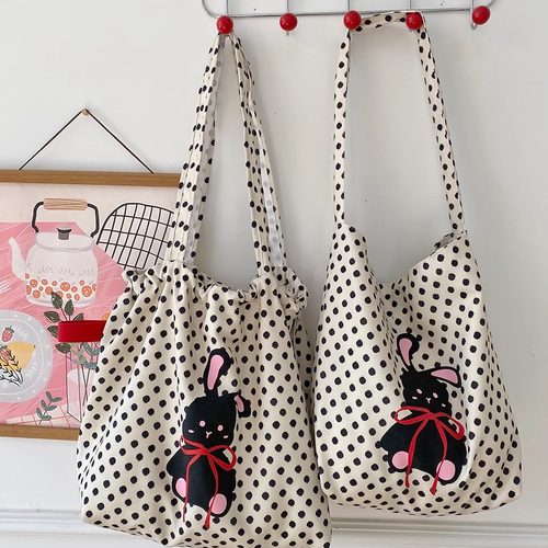 小众小狗波点手提包休闲帆布袋