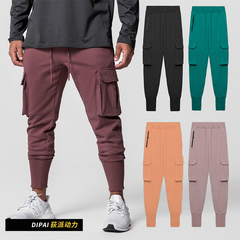多口袋运动健身裤男士跑步训练工装休闲长裤束腿小脚卫裤春秋季棉