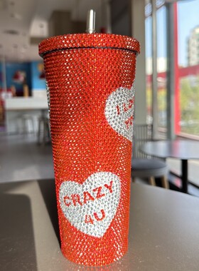 红色字母吸管杯子闪亮手工贴钻水杯304不锈钢吸管杯咖啡杯太空杯