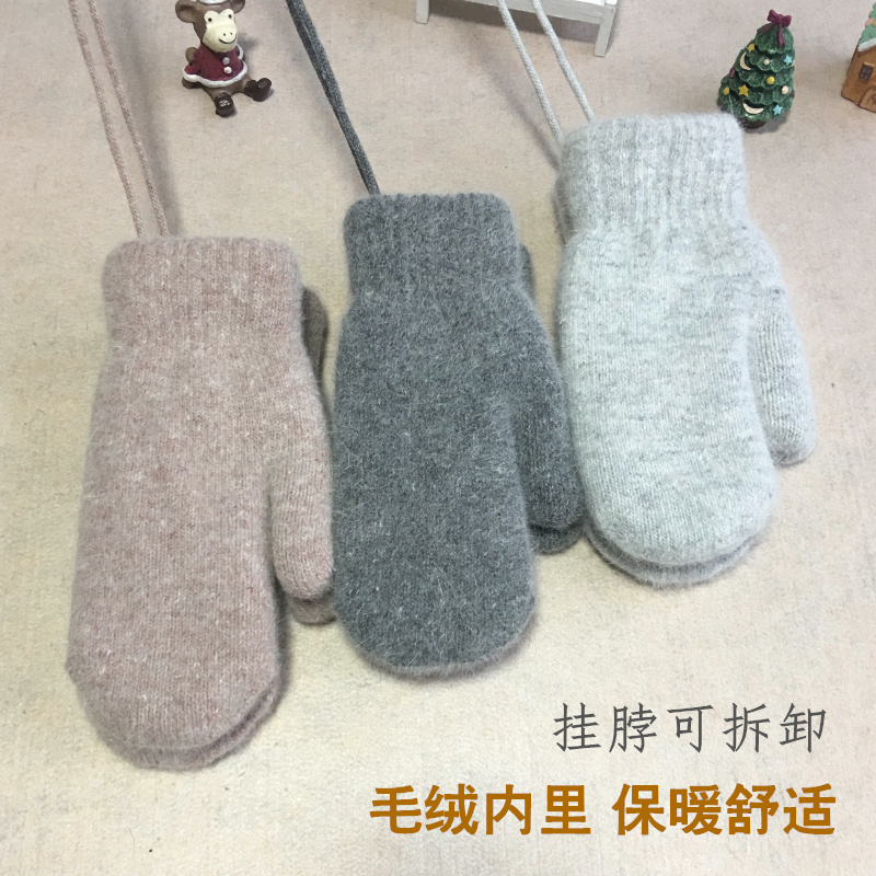 韩版冬季手套女冬可爱加厚加绒保暖冬天羊毛连指挂脖男士情侣学生