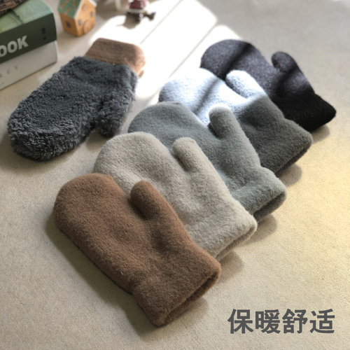 毛呢加绒保暖情侣连指手套男士