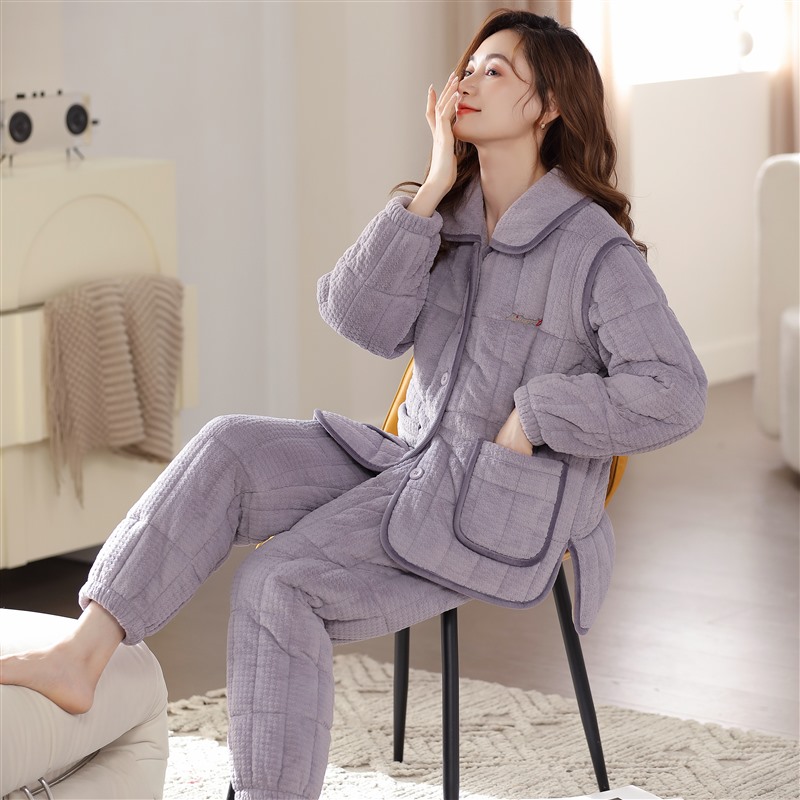 珊瑚绒夹棉睡衣女冬季三层加厚加绒超厚法兰绒棉袄家居服套装