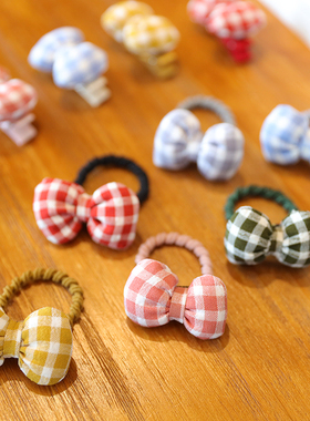 韩国可爱儿童发饰女宝宝红色格子蝴蝶结女孩皮筋发圈头绳扎头发小