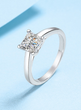 简约公主方莫桑石钻戒女戒指纯银指环情侣对戒AU75018K金精致婚戒