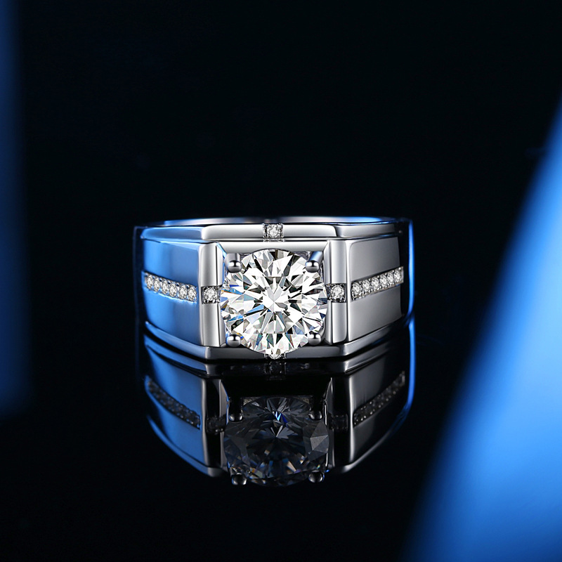 男士正品莫桑石纯银白金指环婚戒