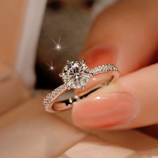 六爪轻奢时尚 戒指纯银镶嵌镀18K白金铂金经典 莫桑石钻戒女款 正品