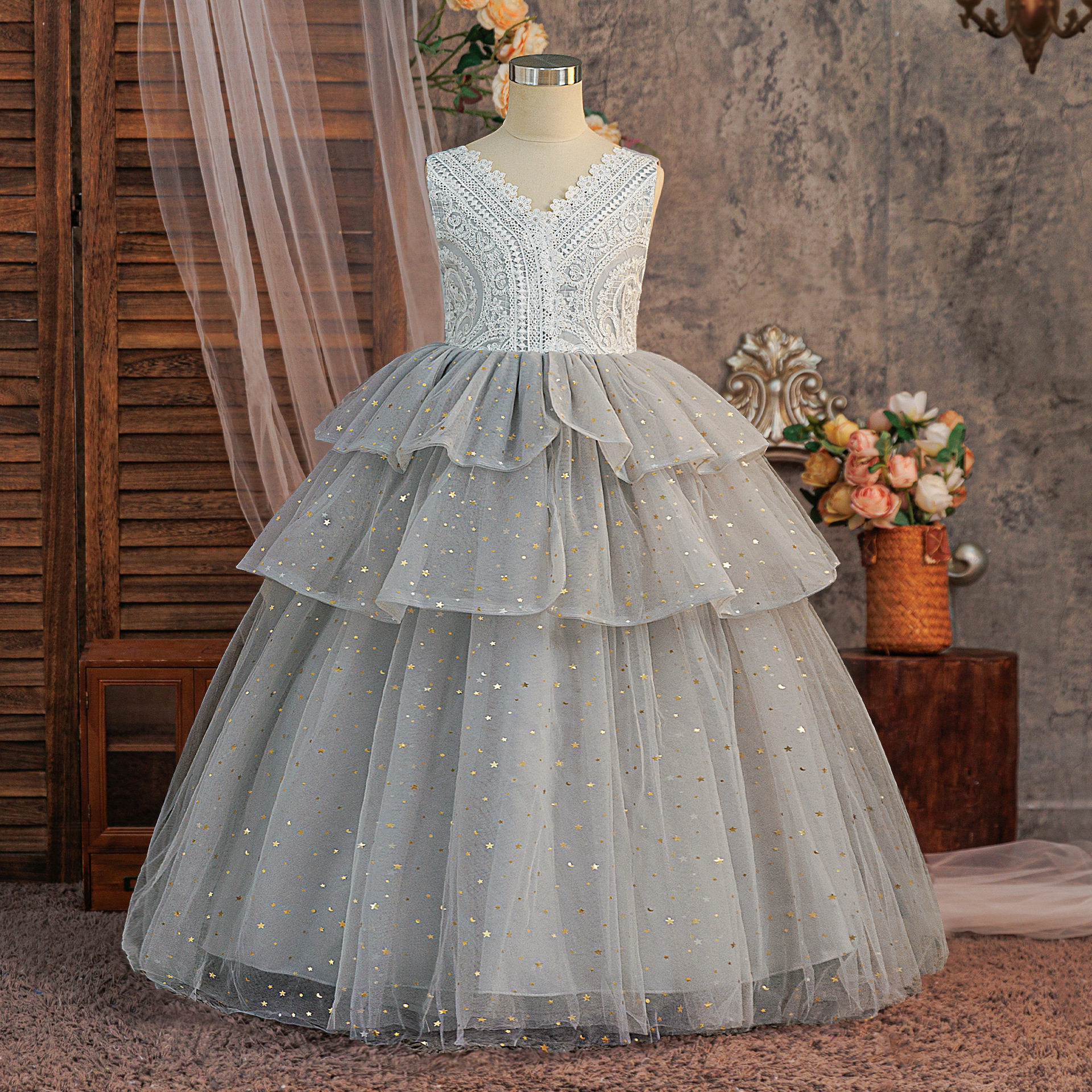 女童灰色网纱礼服儿童长款演出服