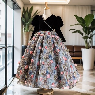 女童礼服花仙子儿童黑色长袖公主裙女孩主持人走秀高端演出服秋冬