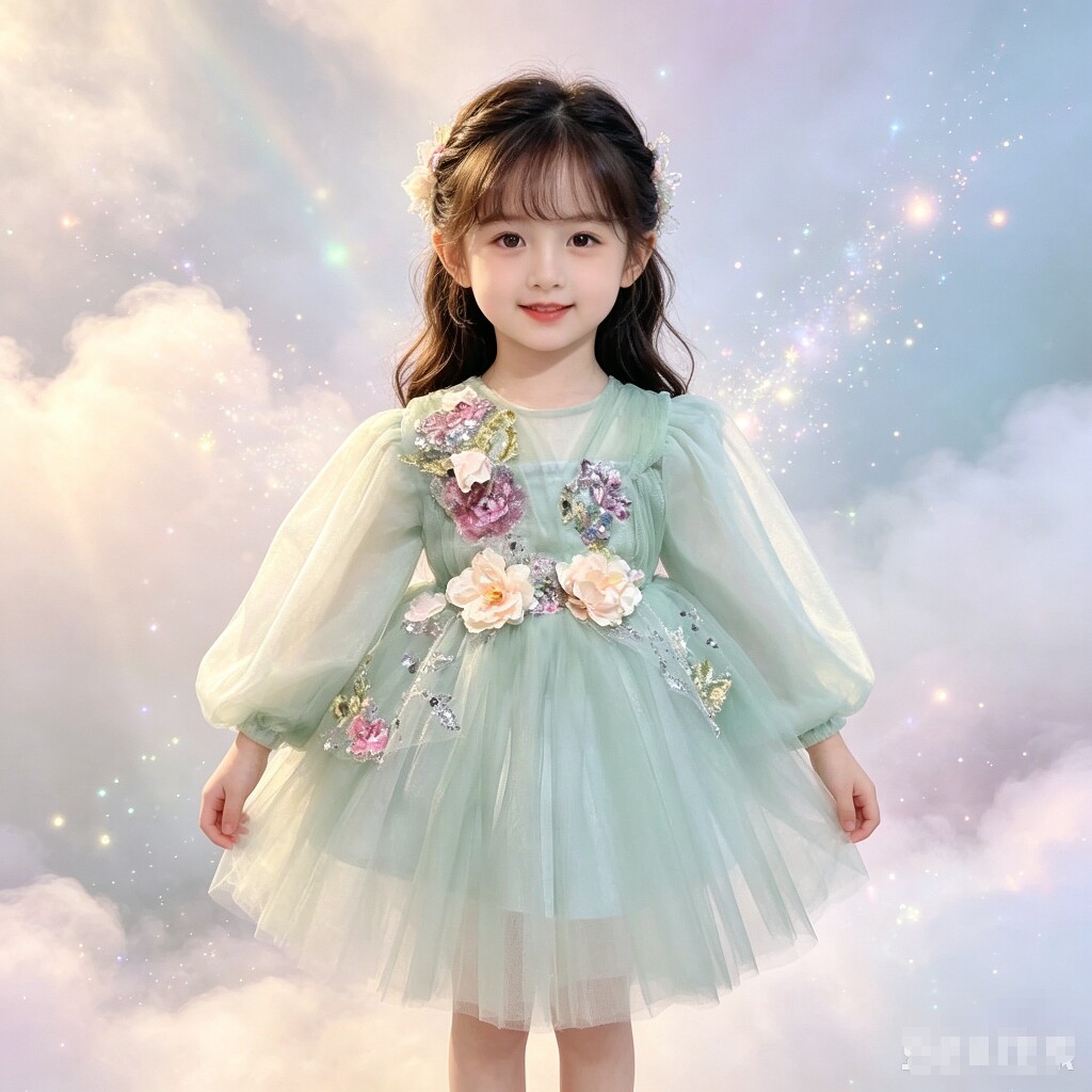 女童网纱泡泡袖公主儿童生日礼服图片