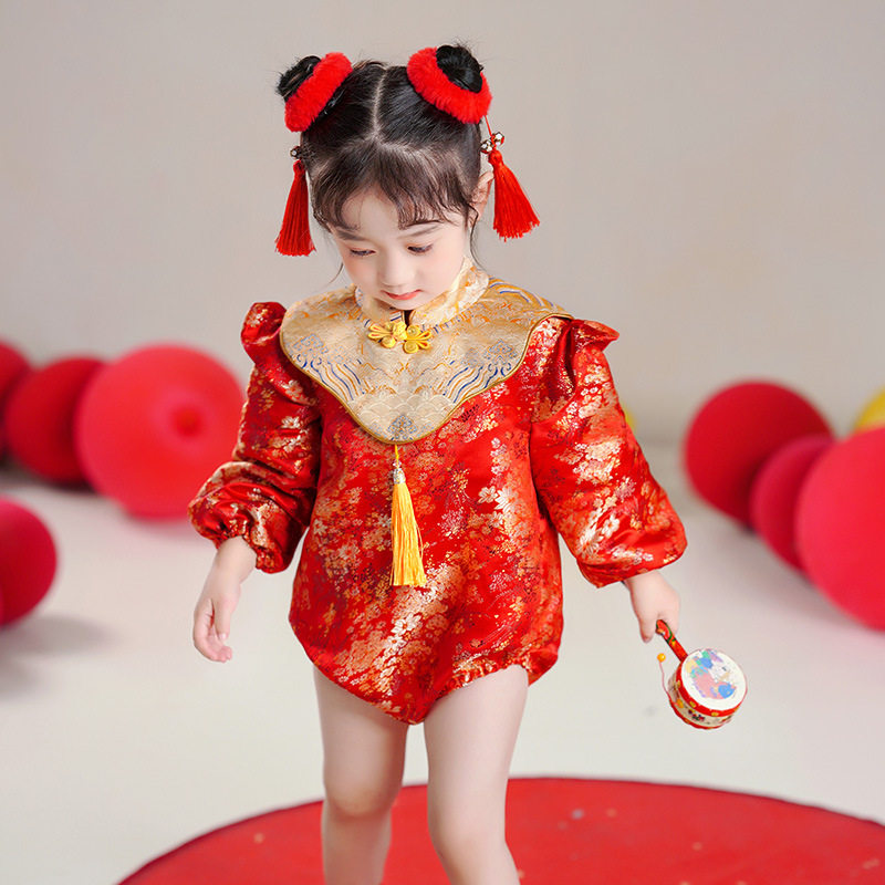 女宝宝周岁礼服红色新年中式民族儿童礼服