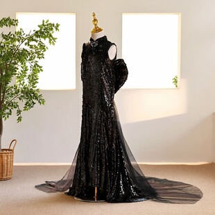 女童礼服黑色拖尾女孩旗袍中国风公主裙儿童主持人走秀古筝演出服