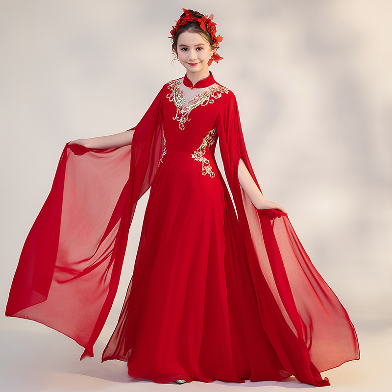 儿童主持民乐弹古筝演出服装红色