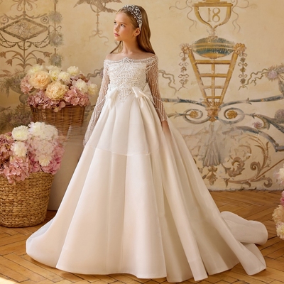 女童白色钉珠拖尾公主裙演出服