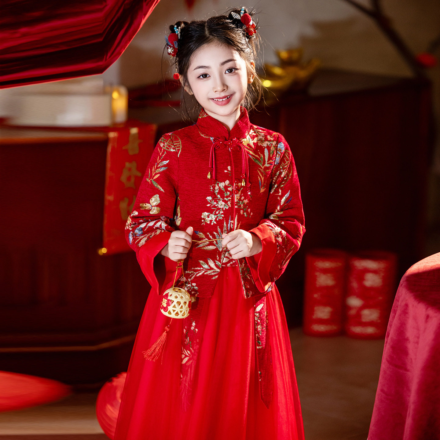 女童加棉加厚红色公主生日礼服